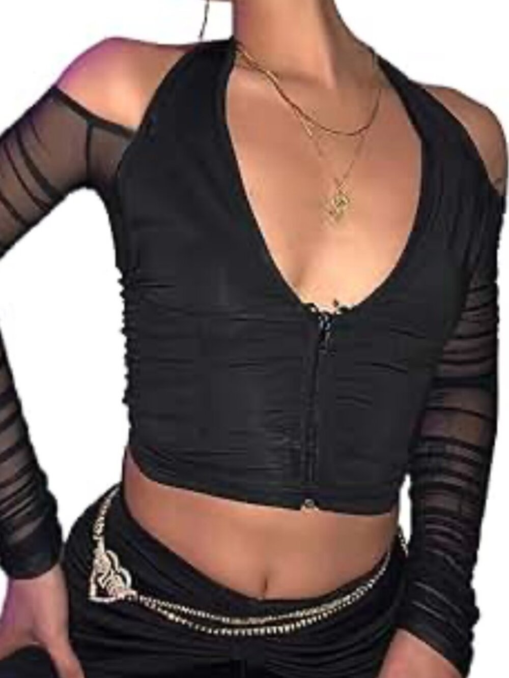 Black Halter Zip Front Ruched Crop Top Mesh Sleeves Cold Shoulder M